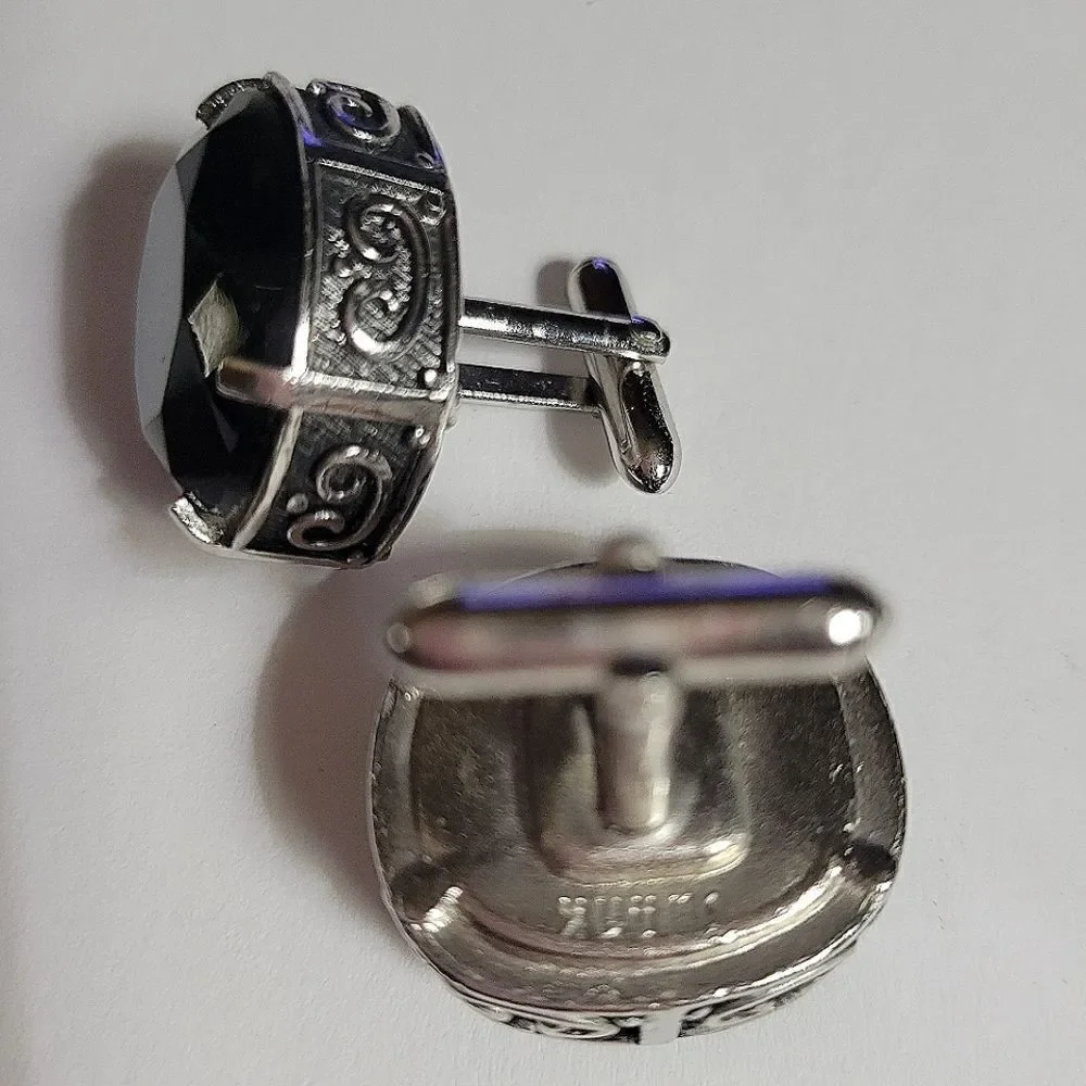 Swank Men's Silvertone Round Green Stone Cufflinks